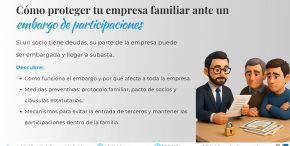 Ilustración 3D de un abogado mercantil explicando medidas de protección a dos socios de una empresa familiar, con participaciones sociales y un candado simbólico sobre la mesa, y un edificio corporativo al fondo.