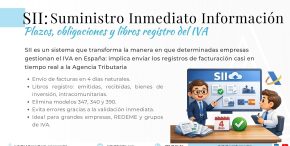 Ilustración 3D de un asesor fiscal explicando el sistema SII en una pantalla con iconos de facturas emitidas, recibidas, bienes de inversión y operaciones intracomunitarias, junto a un calendario de 4 días y facturas sobre la mesa
