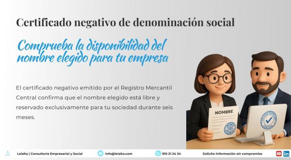 Dos emprendedores revisan la aprobación del certificado negativo de denominación social en una oficina, confirmando que el nombre de su empresa está disponible en el Registro Mercantil Central.