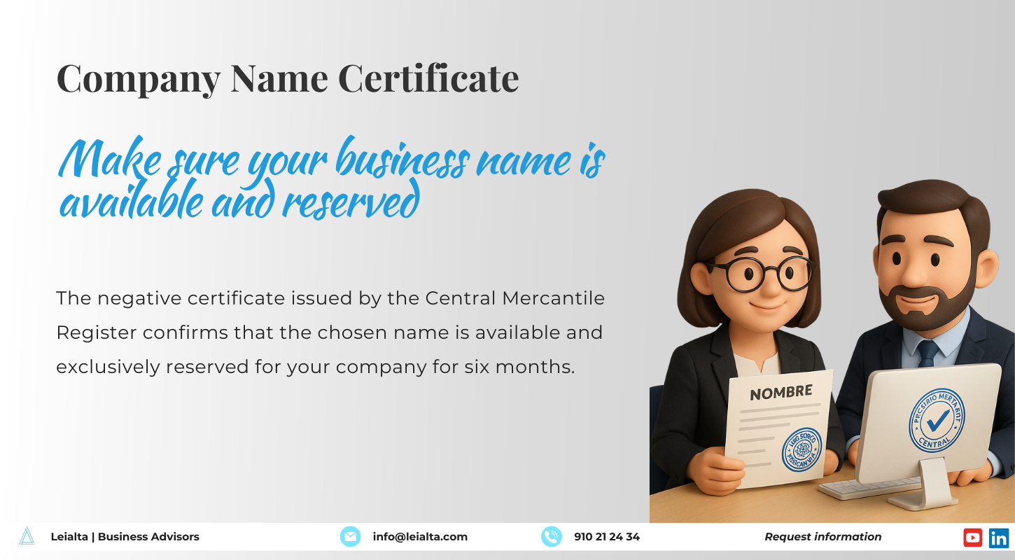 The negative certificate from the Central Mercantile Register ensures the selected company name is available and reserved for six months.
