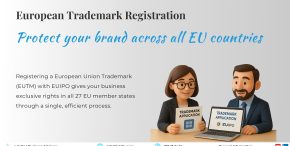 How to register a European trademark at EUIPO Two professionals reviewing a European trademark registration application on a laptop, with the EUIPO logo visible, symbolizing brand protection across the European Union.
