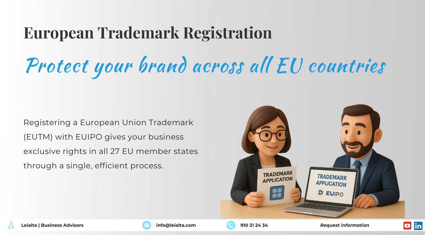 Two professionals reviewing a European trademark registration application on a laptop, with the EUIPO logo visible, symbolizing brand protection across the European Union.