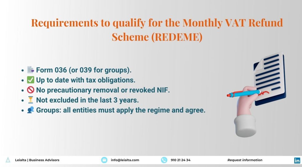 Infographic showing the requirements to qualify for the Monthly VAT Refund Scheme (REDEME) in Spain: Form 036/039, up-to-date tax obligations, no revoked NIF, not excluded in the last 3 years, and all group entities must apply the scheme and agree.