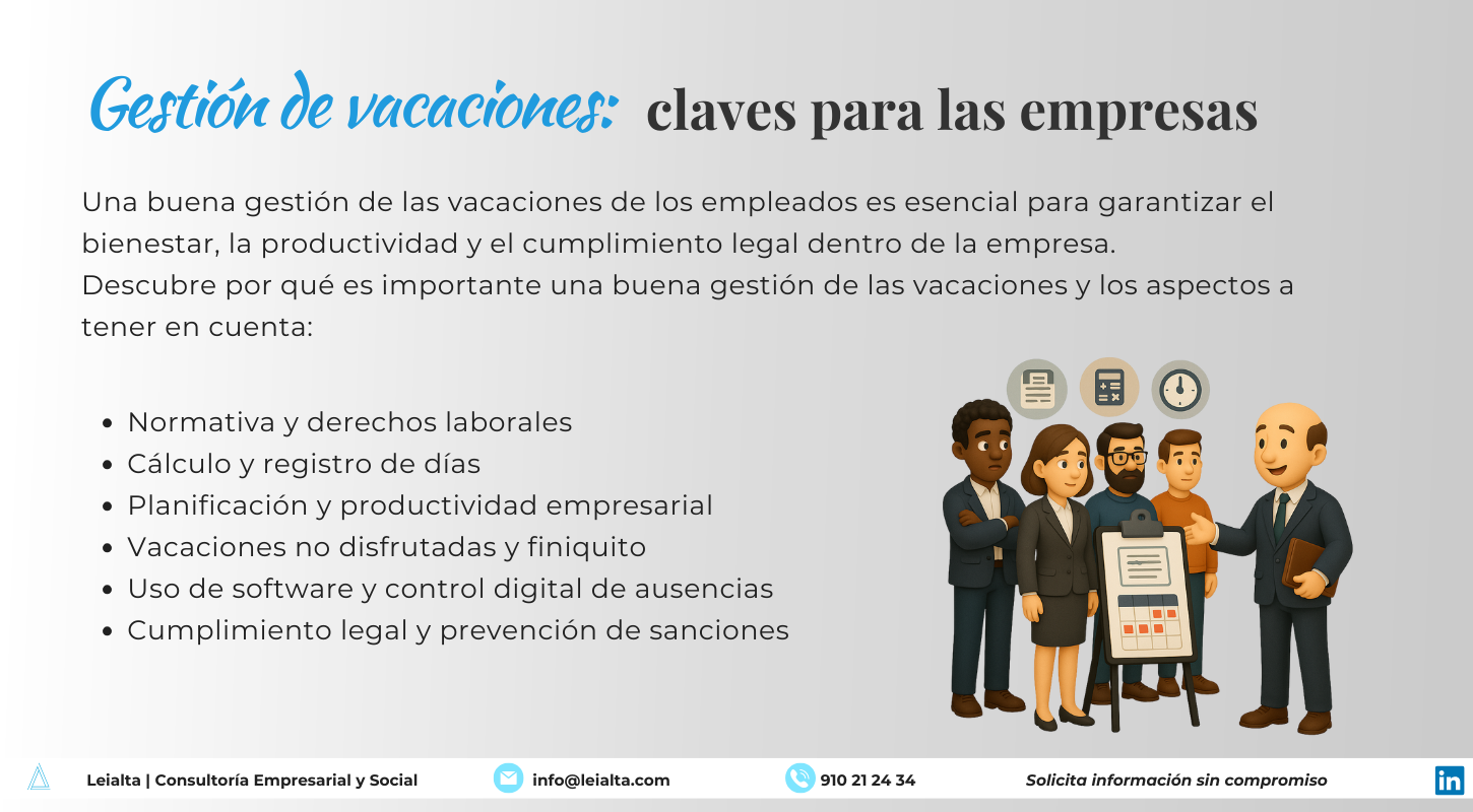 Infografía sobre la gestión de vacaciones en empresas: planificación, normativa laboral, cálculo de días y control de vacaciones en nómina.