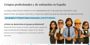 Grupos profesionales y grupos de cotización en España: diferencias, tabla y ejemplos Infografía sobre los grupos profesionales y de cotización en España: cómo se determinan, diferencias, su impacto en la nómina y las bases de cotización según la Seguridad Social.