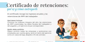 un asesor laboral entregando documentación a dos trabajadores, con elementos simbólicos de nómina y fiscalidad sobre una mesa, utilizada para explicar el certificado de retenciones de IRPF