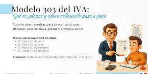 Modelo 303 del IVA: qué es, quién debe presentarlo y cómo rellenarlo paso a paso Asesor fiscal explicando a un autónomo cómo rellenar el Modelo 303 del IVA, mostrando una versión simplificada del formulario junto a facturas, tickets, calculadora y un calendario con los plazos de presentación de 2026.