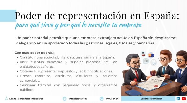 Notario español firmando un poder de representación para empresa extranjera junto a un empresario internacional y un apoderado, ilustración 3D estilo corporativo