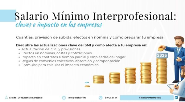 “Ilustración 3D de un asesor laboral apilando monedas que representan la subida del Salario Mínimo Interprofesional, con una columna marcada como SMI 2026 y gráficos de crecimiento, simbolizando el impacto del SMI en las empresas.