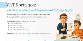Tax advisor explaining to a self-employed worker how to complete Spain’s VAT Form 303, with a simplified version of the form, invoices, calculator, and 2026 filing deadlines.