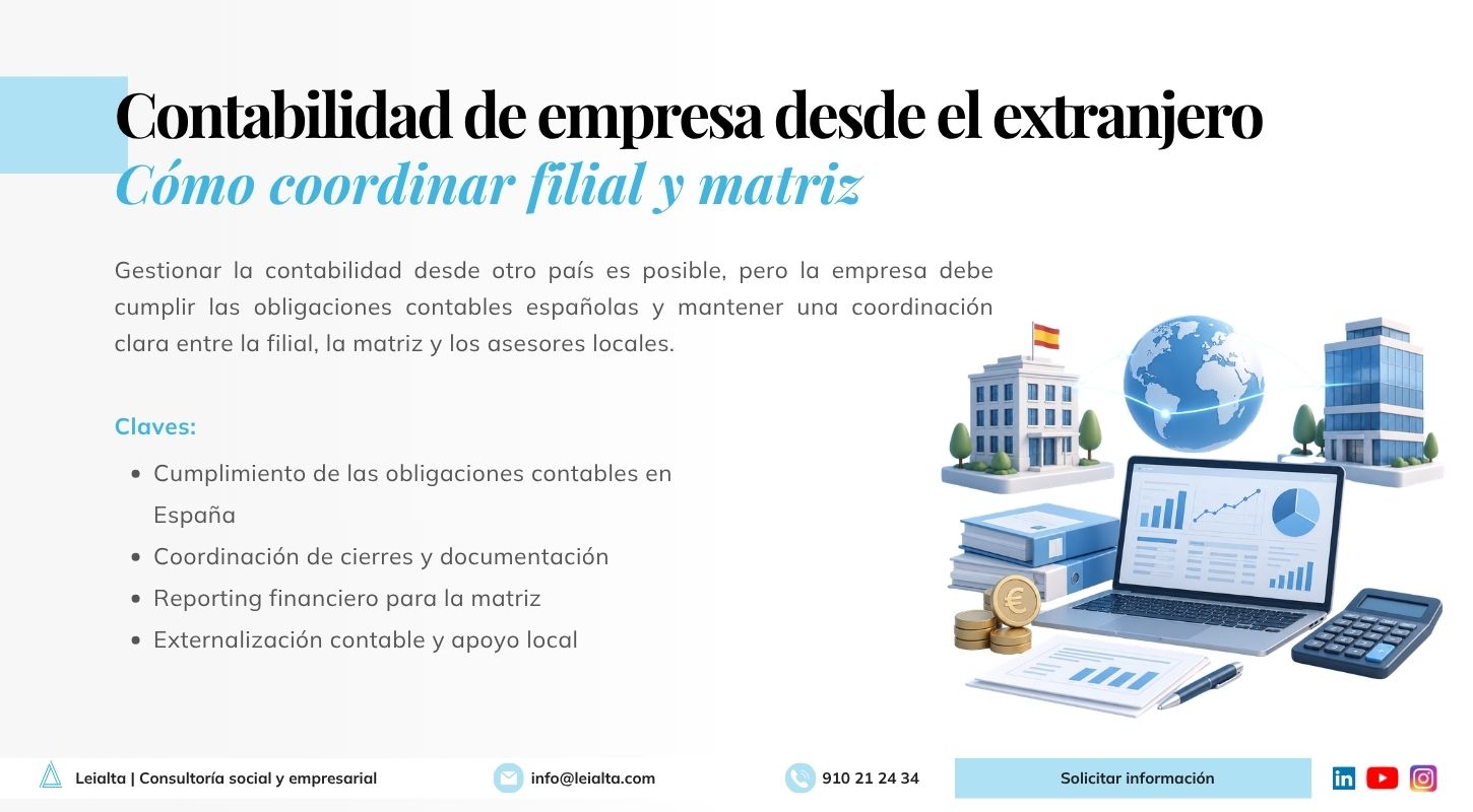 Gestiona la contabilidad en España, los cierres y el reporting financiero aunque la dirección esté en otro país.